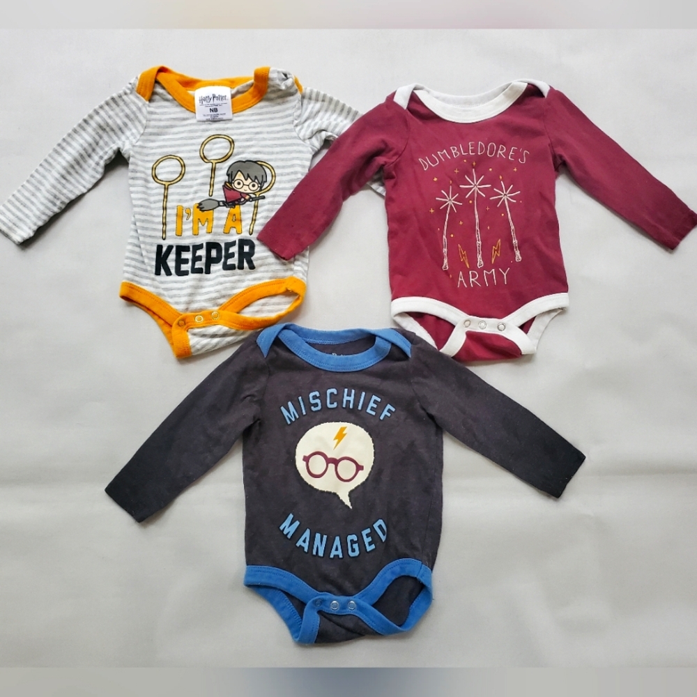 Harry Potter Graphic Themed Newborn Baby 3 One-Piece Bodysuit Bundle Set